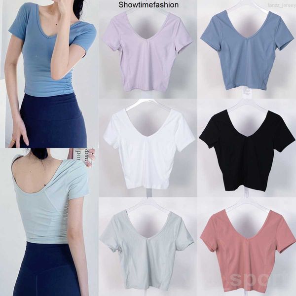 

lu align lu girl yoga fitness tshirt sports short sleeved women running v-neck exercise swiftly tech quick dry tee running gym popular vest, White