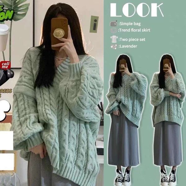 

mahua green sweater for women in autumn and winter v neck lazy wind loose design niche japanese retro mid long, White;black