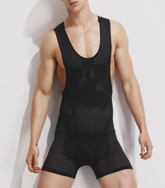 

mens undershirt breathable mesh bodysuit jumpsuit shaper tank boxer underwear man shorts onepiece sleepwear6770087, Black;brown