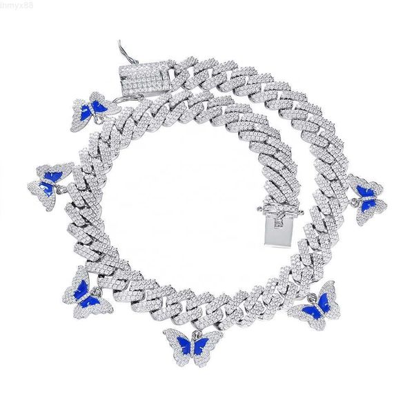 

hip hop link chain jewelries 925 sterling silver 6 tone small butterfly charms cuban link necklace with zirconia