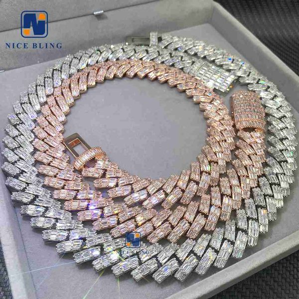 

18mm brass full baguette cz stone fine jewelry brass iced out cuban necklace hip hop cuban link chain, Silver