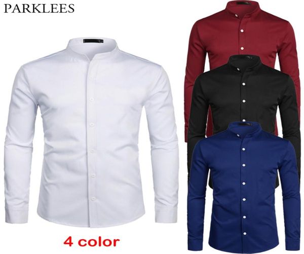 

white banded collar dress shirt men slim fit long sleeve casual button down shirts mens business office work chemise homme s2xl c6689705, White;black