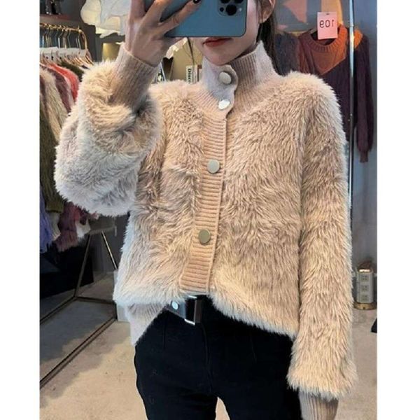 

imitation mink velvet collared sweater cardigan womens autumn loose thick all match blouse outer to reduce age, White;black