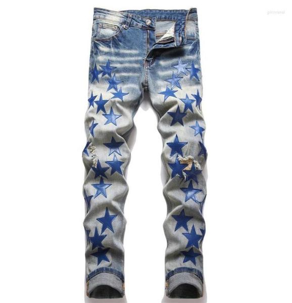 

men039s jeans men39s blue leather patches streetwear distressed ripped stretch denim pants slim tapered trousers9081847