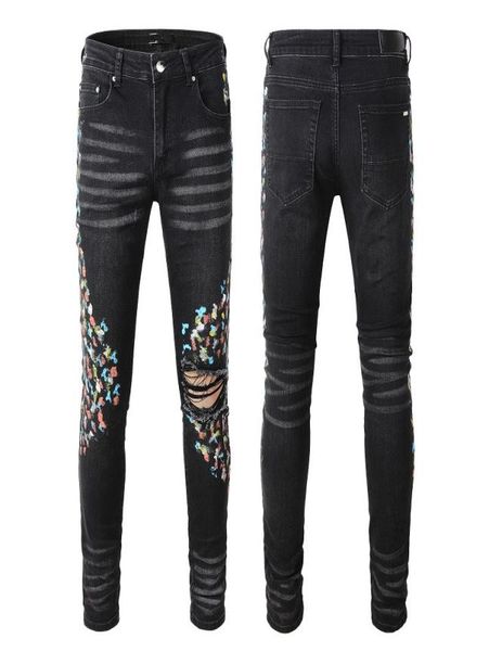 

mens designer jeans for man skinny black rip rock denim slim straight distress biker white star hip hop motorcycle blue splatter p6464833
