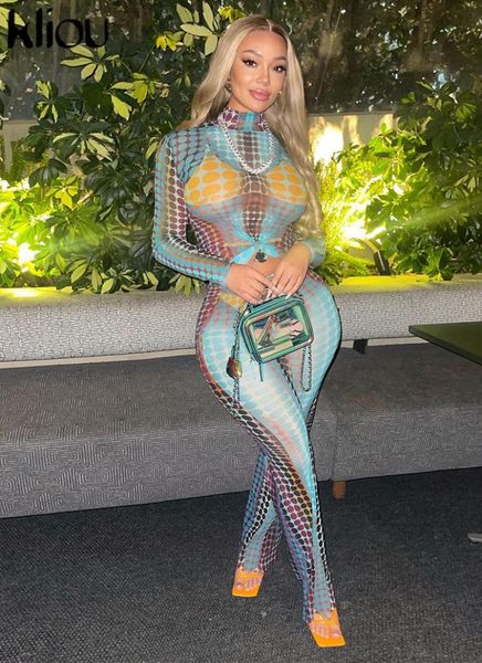 

women s tracksuits kliou mesh polka dot print two piece set women fashion o neck long sleeve skinny high waist straight pants4850247, Gray