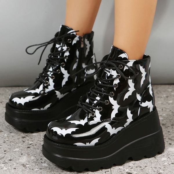 

boots design platform gothic ankle bootie lace up bat motorcycle casual autumn winter halloween shoes plus size 43 230830, Black