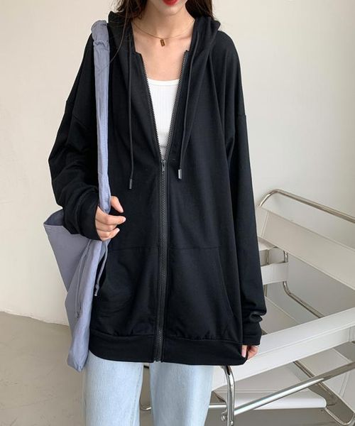 

harajuku korean version loose thin longsleeved hooded sun protection coat solid color retro shirt student girl y2009155599306, Black