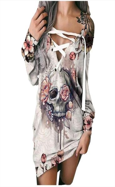 

vintage skull rose print dress vestidos autumn winter long sleeve lace up gothic robes femme grunge sweatshirt dresses8854017, Black;gray
