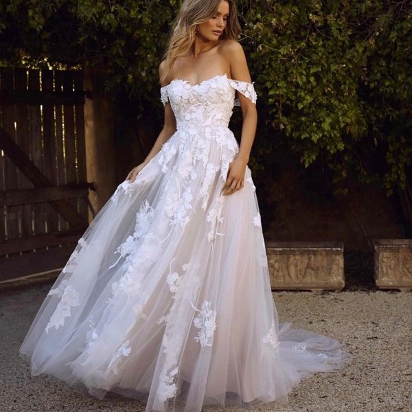 

off the shoulder backless court train a-line sleeveless wedding dresses graceful appliques flowers tull princess bride gown, White