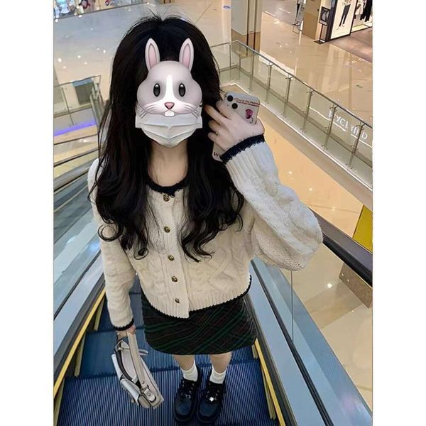 

puyuan french mahua pink sweater womens spring wear autumn and winter cardigan korean pure color top, White;black