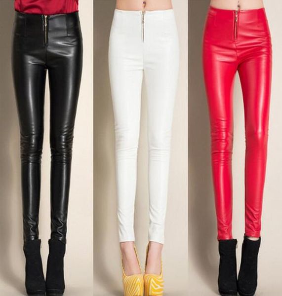 

0521 2017 winter blackwhitered fleece leggings faux leather pants skinny pencil pants casual with zipper trousers women2486408, Black;white