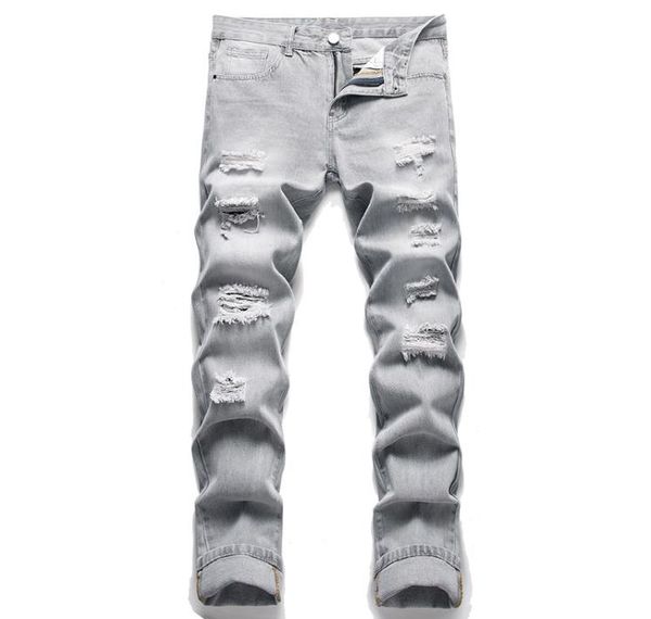 

light gray slim fit ripped men039s jeans fashion street style denim pants spring autumn streetwear male desiger washed trousers6535507, Blue