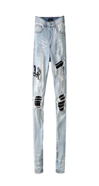 

men039s jeans light blue pierced matte letter collage european and american high street1946997