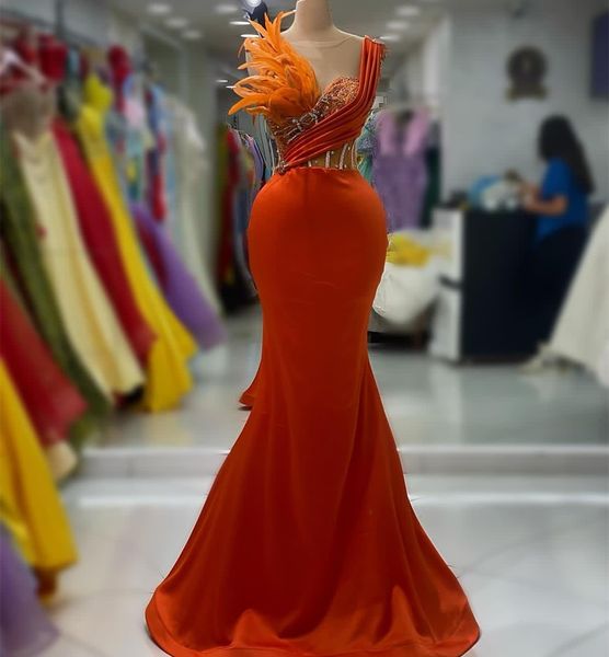 

2023 aso ebi arabic orange mermaid prom dress beaded crystals feather evening formal party second reception birthday engagement gowns dresse, Black