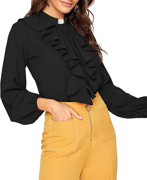 

ladies clergy shirt church tab collar ruffles jabot blouse, White