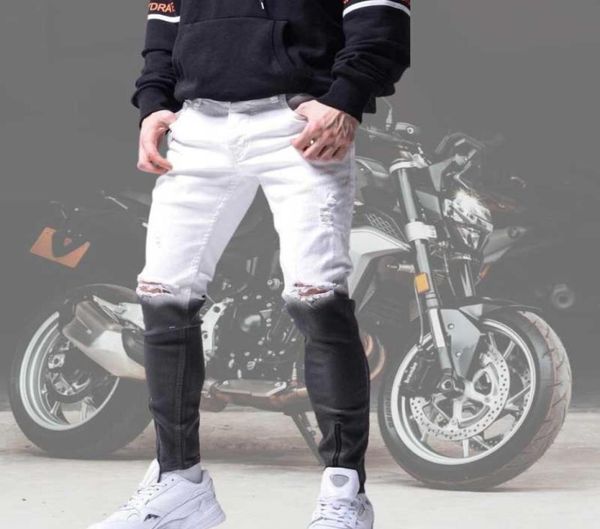 

men039s jeans men elasticity skinny ripped gradient color man pencil pants fashion motor biker hip hop zipper denim trousers2772278, Blue