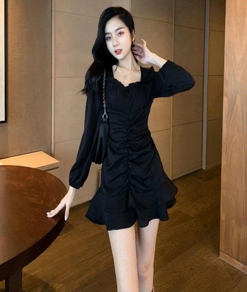 

casual dresses dress womens pleated ruffle long puff sleeves square collar black vintage korean elegant designed mini aline9794704, Black;gray