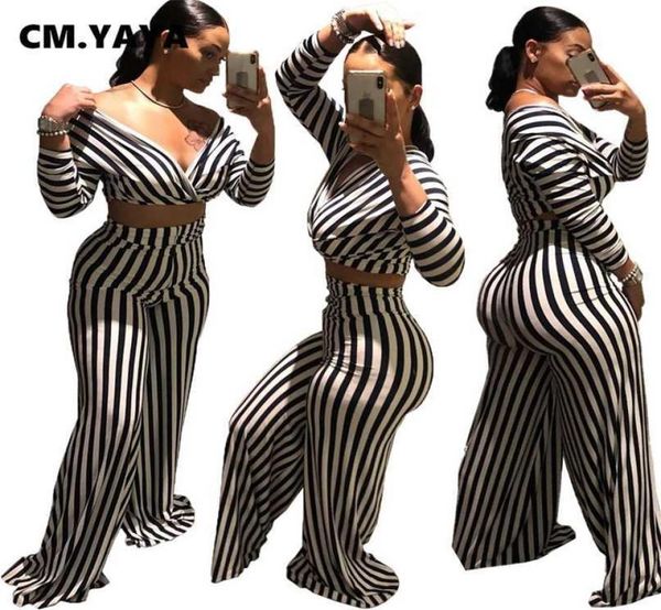 

cmyaya aumutn women set striped full sleeve fashion loose pants deep vneck two set 2111059077129, White