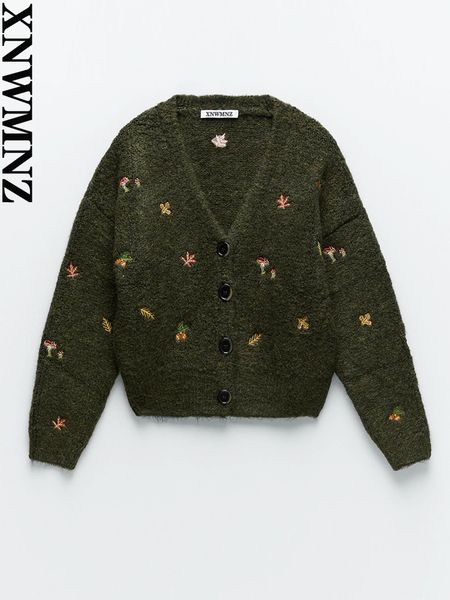 

women s jackets xnwmnz women vintage knit cardigan with embroidery long sleeves v neck ribbed trims cardigan female elegant sweater outerwea, Black;brown