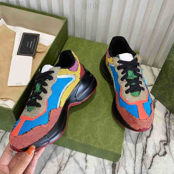 

2021 women's rhyton sneaker mens designer shoes multicolor sneakers rubber sole lace-up closure platform outdoor casual shoes quality, Black