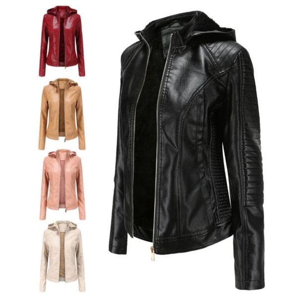 

new highquality 2020 autumn and winter plus size plus velvet leather jacket female hooded short jacket warm female6697002, Black