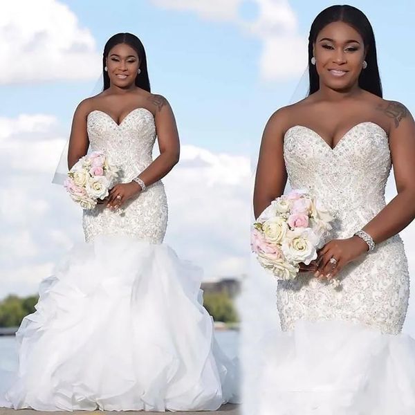 

wedding dresses white bridal gowns formal sweep train applique new ivory custom plus size lace up mermaid trumpet organza beaded sweetheart