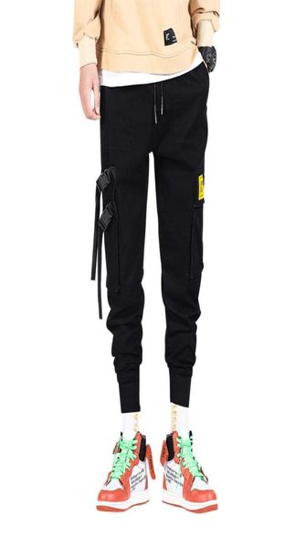 

cargo pants men polyester comfortable drawstring joggers trousers black white many pockets ankle banded male casual pants9368638