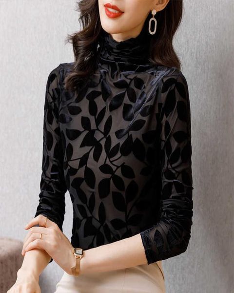 

autumn winter long sleeve turtleneck pullover black velvet blouse womens and blouses underwear 2106018831744, White