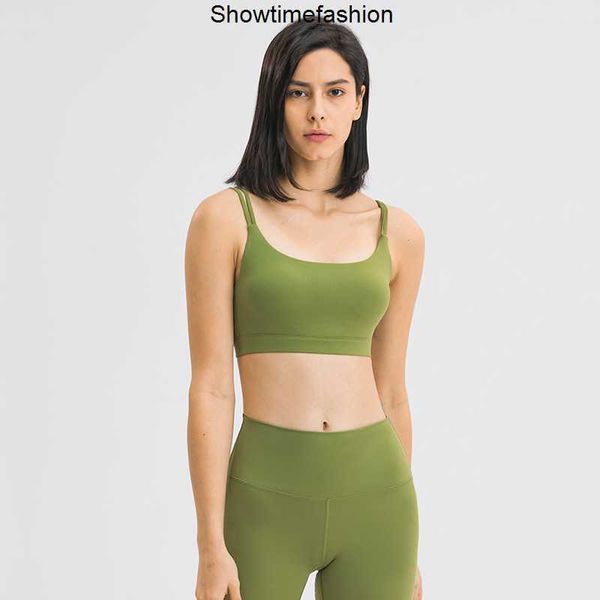 

l106 solid color fine double strap u-neck sports bra fitness outfit feels buttery-soft yoga vest removable cups underwear female skin-frien, White