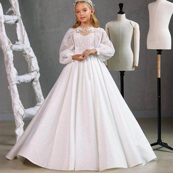 

elegant balloon long sleeve wedding party formal occasion lace flower girl dress, White;blue
