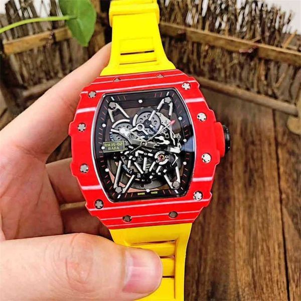 

red richa milles mens automatic mechanical watch carbon fiber personalized hollowed out tape luminous fashion trend, Slivery;brown