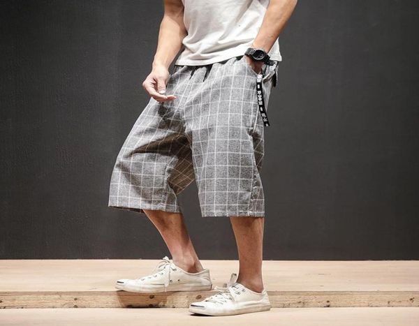 

men039s shorts 2021 summer wide leg plaid harem pants linen large size loose casual beach japanese favorite wild street tide4147065, White;black
