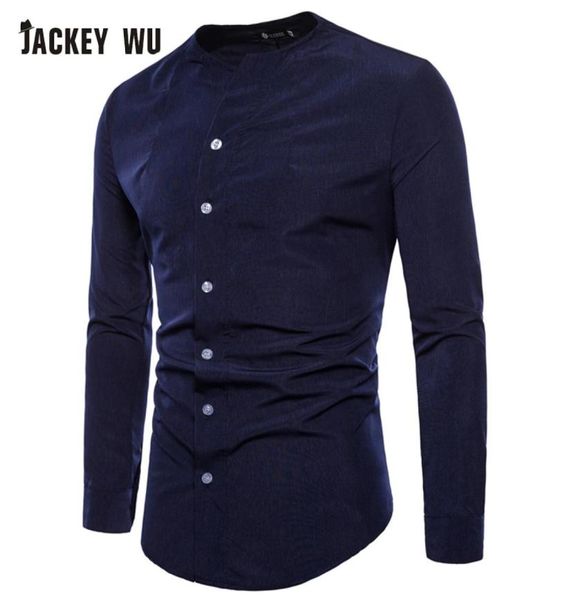 

jackeywu brand casual shirts men 2019 korean fashion collarless long sleeve dress shirt business social camisa masculina white8968756, White;black