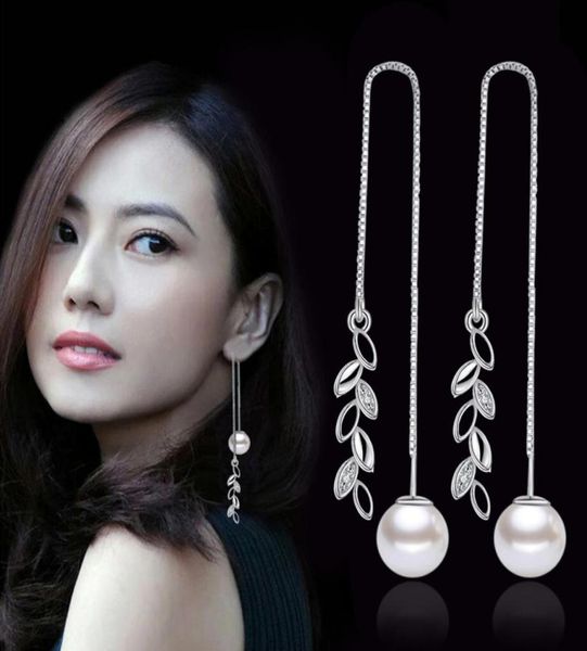 

925 sterling silver fashion flower dangle earrings luxury pearl long tassel leaves crystal ear rings jewelry for women3197695