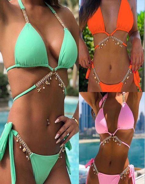 

women's swimwear 2022 metal chain female luxury aristocratic swimming suit rhine swimsuit women bikinis crystal diamond bikini set15827, White;black