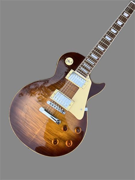 

standard electric guitar with mahogany body, padded maple rosewood fingerboard, chrome hardware, brown gloss finish,