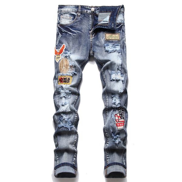 

men's jeans perforated embroidery trendy elastic slim fit leggings, Blue