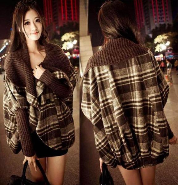 

plus size women039s clothing batwing plaid woolen cloak poncho cape coat ladies loose wool jacket winter outerwear1028229, Black