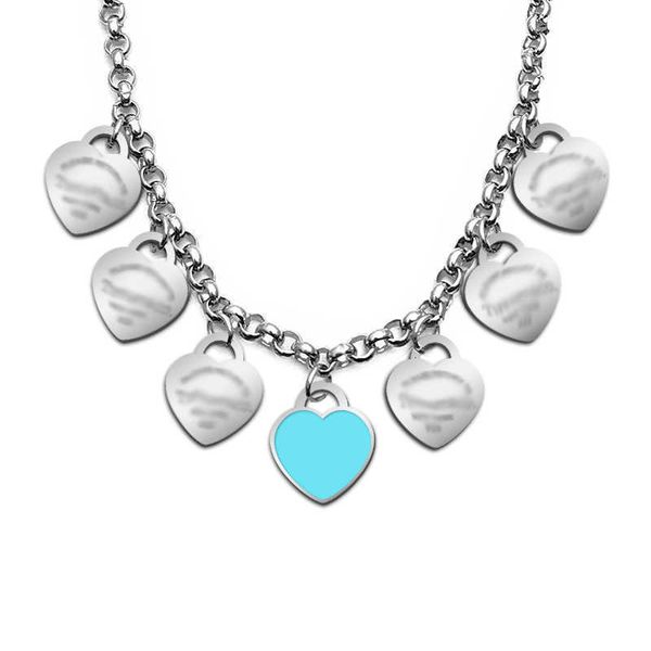

designer tiff necklace luxury stainless steel peach heart pendant korean fashion 7-heart letter titanium steel necklace simple blue powder a, Silver