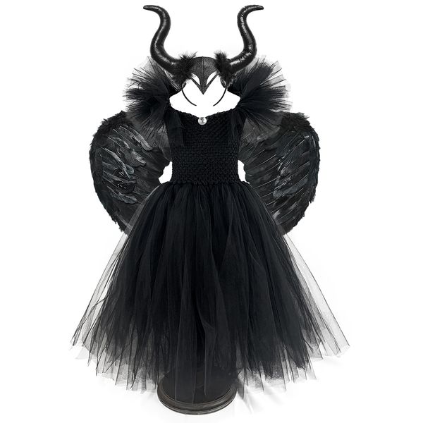 

theme costume black witch costume wing horns kid girls tutu dress ankle length halloween devil cosplay clothes for child party po prop gift, Black;red