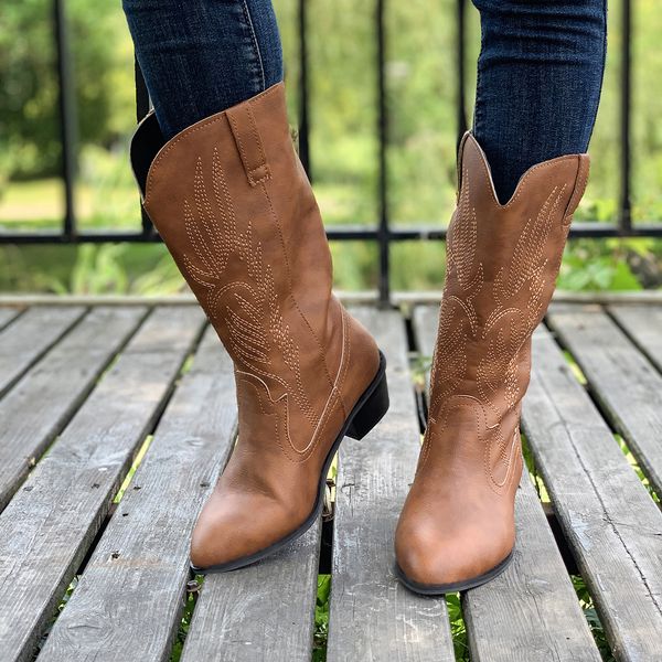 

boots embroidered white western boots women autumn slip on high heels cowboy boots woman plus size 43 pointed toe mid calf botas 230829, Black