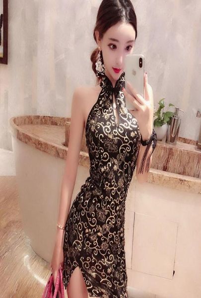 

casual dresses chinese style club dress women sheath cheongsam vintage printed halter short mini bodycon night party vestidos7849478, Black;gray