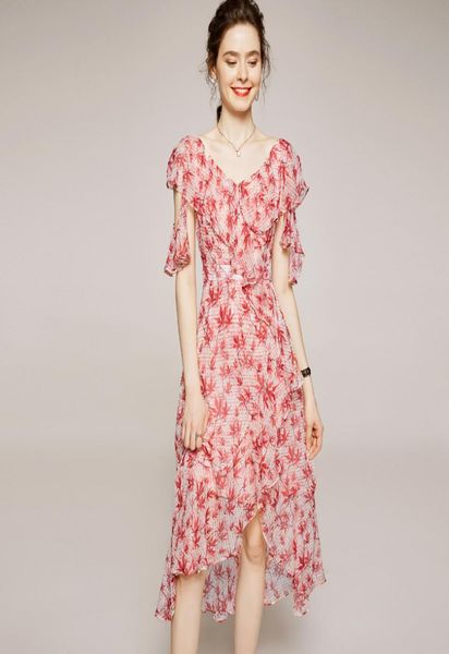 

100 silk women039s runway dresses v neck short sleeves ruffles floral printed fashion asymmetrical casul summer dresses4319265, Black