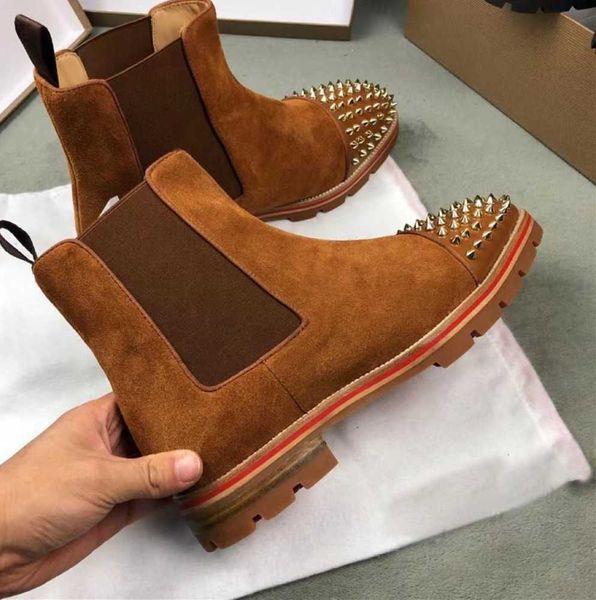 

2024 boots famous winter brand men's ankle melon strass spikes boot calfskin rubber booties lug sole man booty elegant party wedding ne, Black