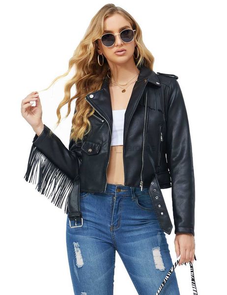 

women's leather faux leather giolshon spring autumn tassel pu leather coat leather fringed jacket short slim fit waist motorcycle fashi, Black