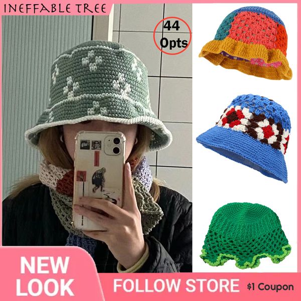 

wide brim hats bucket hats y2k japan handwoven cotton yarn crochet bucket hats spring summer soft sun hat women beach hats plaid flower bob, Blue;gray