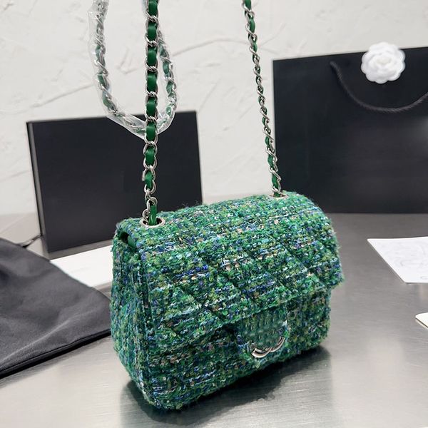 

17/20/25cm Green Tweed Wool Knitting Women Designer Classic Flap Bag Silver Metal Hardware Matelasse Chain Lady Cross Body Shoulder Handbag Luxury Purse Sacoche, Green20cm