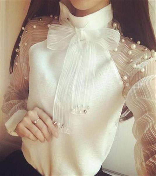 

chiffon shirts long sleeves shirt elegant organza bow pearl white blouse casual fashion shirt women blouses blusas femininas29025956
