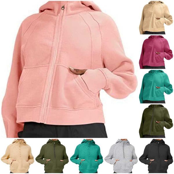 

womens lululemens scuba hoodies full zipper sweatshirt yoga suit jacket ladies sport zipper thick loose short style with fleece lu 001, Black